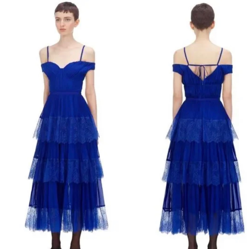 Cobalt Blue Self Portraitnwt Midi Pleated Tiered Off The Shoulder Dress